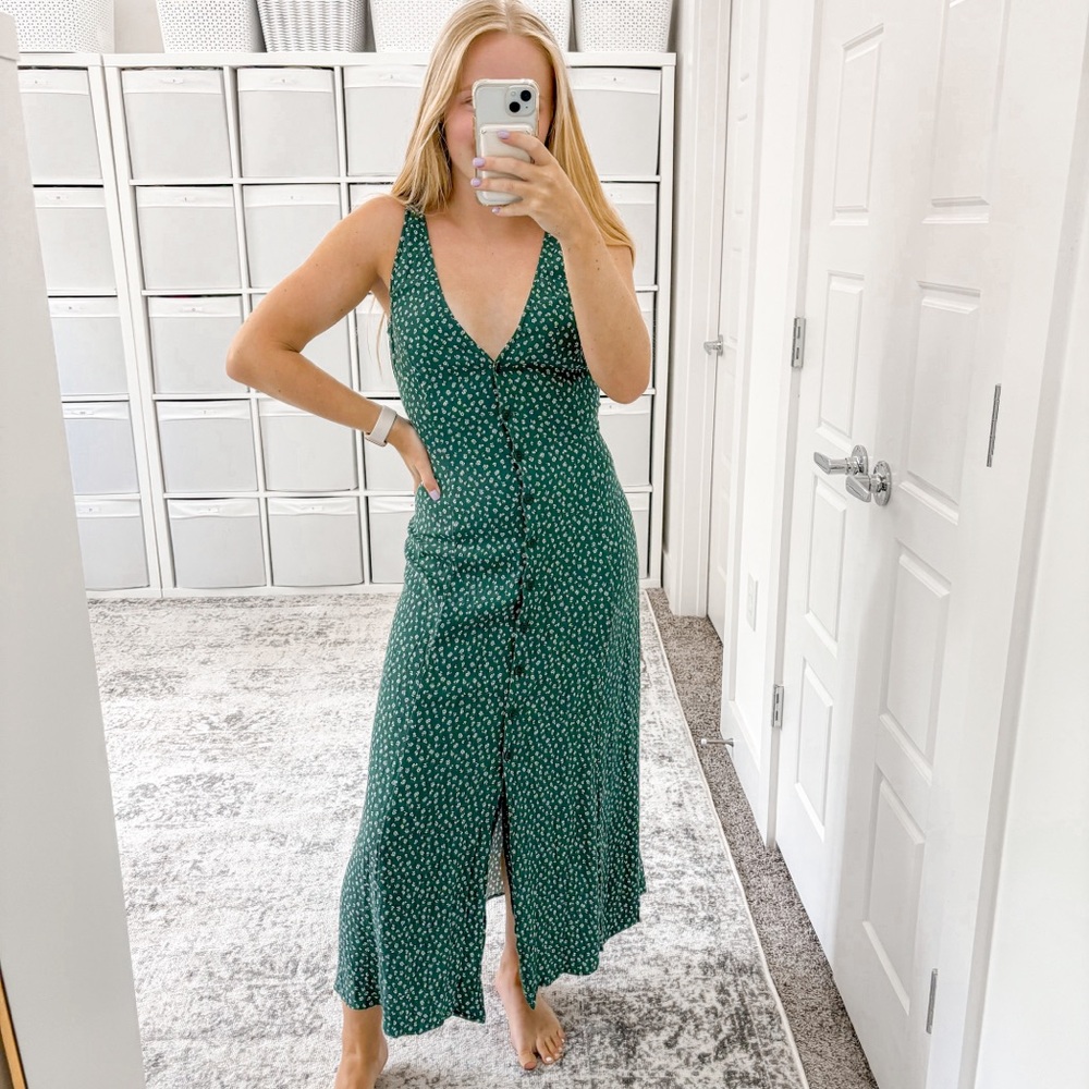 Reformation Green Microdot Midi Dress